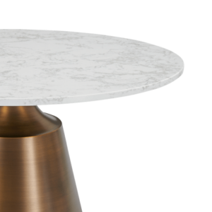 Olive Large Dining Table: A round white marble top supported by an antique bronze base, perfect for large gatherings.