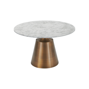 Olive Large Dining Table: A round white marble top supported by an antique bronze base, perfect for large gatherings.