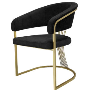 Elevate your dining experience with the elegant Panama Black and Gold Dining Chair. Crafted with premium black vegan leather, this chair combines the luxurious look of leather with the soft touch and breathability of fabric. Its sleek, gold-finished frame adds a touch of opulence, making it a stylish addition to any modern dining room.