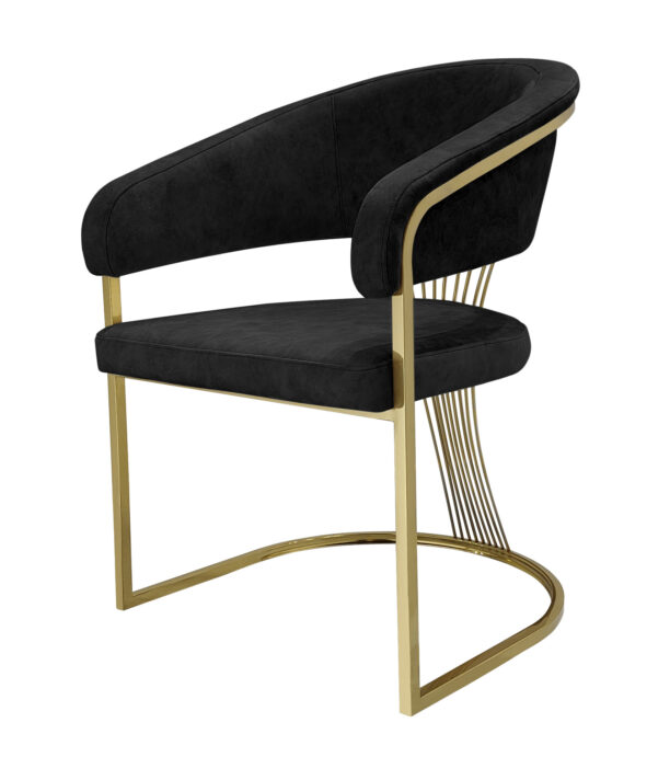 Elevate your dining experience with the elegant Panama Black and Gold Dining Chair. Crafted with premium black vegan leather, this chair combines the luxurious look of leather with the soft touch and breathability of fabric. Its sleek, gold-finished frame adds a touch of opulence, making it a stylish addition to any modern dining room.