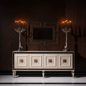 ### **Camilla Luxury Sideboard - Alt Text** An elegant Camilla Sideboard featuring a sleek cream gloss finish with intricate glass detailing and luxurious golden accents, perfect for enhancing the style and sophistication of any living space.