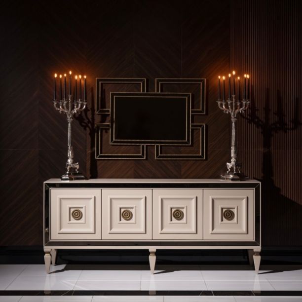 ### **Camilla Luxury Sideboard - Alt Text** An elegant Camilla Sideboard featuring a sleek cream gloss finish with intricate glass detailing and luxurious golden accents, perfect for enhancing the style and sophistication of any living space.