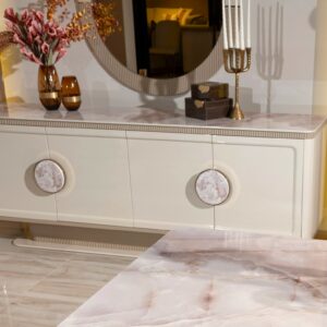 Belize Sideboard in Ercu Cream Gloss with Blush Marble Veneer Top, featuring four drawers and two shelves for ample storage