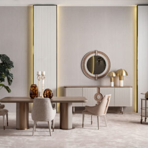 legant Serenity Dining Table with light oak wood top, cream upholstered chairs, and bronze accents, creating a sophisticated and modern dining space.