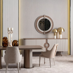 legant Serenity Dining Table with light oak wood top, cream upholstered chairs, and bronze accents, creating a sophisticated and modern dining space.