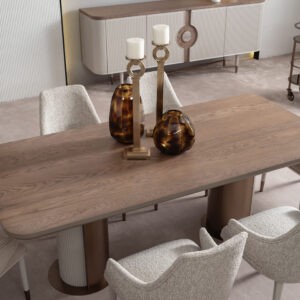 legant Serenity Dining Table with light oak wood top, cream upholstered chairs, and bronze accents, creating a sophisticated and modern dining space.