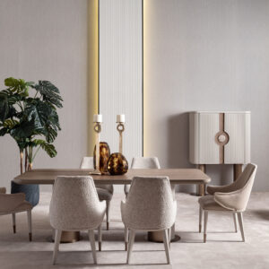 legant Serenity Dining Table with light oak wood top, cream upholstered chairs, and bronze accents, creating a sophisticated and modern dining space.