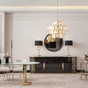 Elegant dining room featuring the Santorini Luxury Dining Set with a marble centerpiece and sleek glass top, surrounded by bespoke dining chairs upholstered in luxurious boucle fabric with gold metal frames, set against a stylish, modern interior