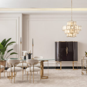 Elegant dining room featuring the Santorini Luxury Dining Set with a marble centerpiece and sleek glass top, surrounded by bespoke dining chairs upholstered in luxurious boucle fabric with gold metal frames, set against a stylish, modern interior