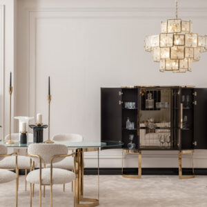 Luxury Cabinet with glossy dark finish, gold accents, and glass shelves, offering elegant and practical storage for sophisticated living spaces.