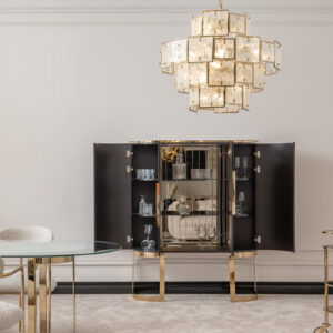 Luxury Cabinet with glossy dark finish, gold accents, and glass shelves, offering elegant and practical storage for sophisticated living spaces.