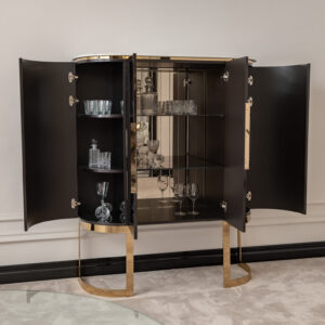 Luxury Cabinet with glossy dark finish, gold accents, and glass shelves, offering elegant and practical storage for sophisticated living spaces.