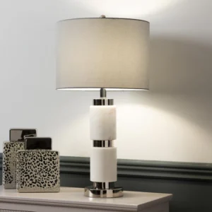 White Marble Table Lamp with Grey Shade - Image 7