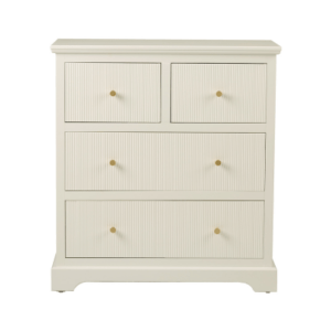 White Windsor 6-Drawer Chest Cabinet with ribbed texture on drawers and gold handles, offering ample storage and a contemporary design