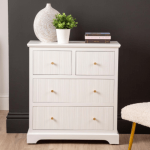 White Windsor 6-Drawer Chest Cabinet with ribbed texture on drawers and gold handles, offering ample storage and a contemporary design