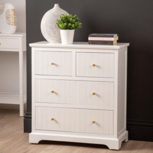 White Windsor 6-Drawer Chest Cabinet with ribbed texture on drawers and gold handles, offering ample storage and a contemporary design