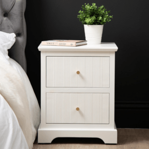 **Alt Text for Windsor 2-Drawer Bedside Cabinet:** "Modern Windsor 2-Drawer Bedside Cabinet in white with gold handles, featuring a sleek and elegant design, two spacious drawers, and durable construction. Ideal for adding a touch of luxury and providing practical storage in the bedroom."