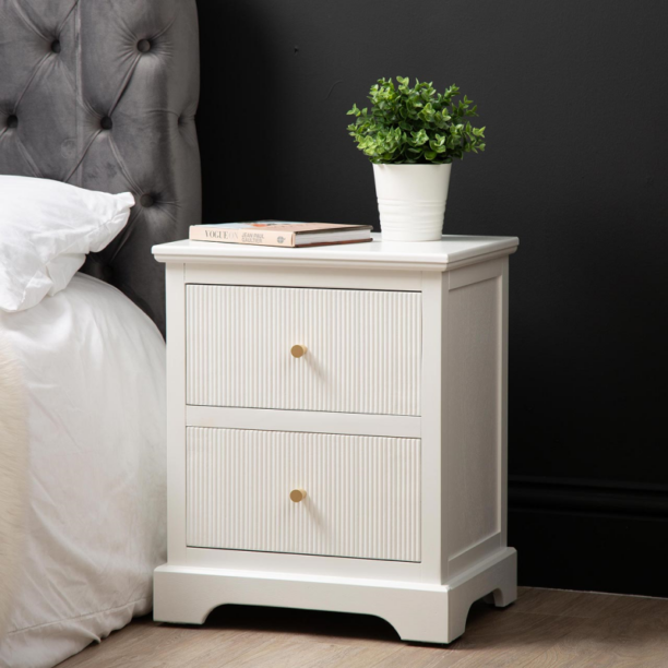 **Alt Text for Windsor 2-Drawer Bedside Cabinet:** "Modern Windsor 2-Drawer Bedside Cabinet in white with gold handles, featuring a sleek and elegant design, two spacious drawers, and durable construction. Ideal for adding a touch of luxury and providing practical storage in the bedroom.