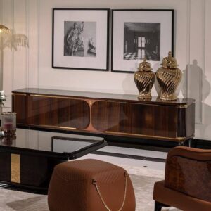 Front view of the Nevada TV Unit, a luxury piece from the Nevada Collection, featuring a dark wood finish with gold accents, sleek lines, and bespoke craftsmanship.