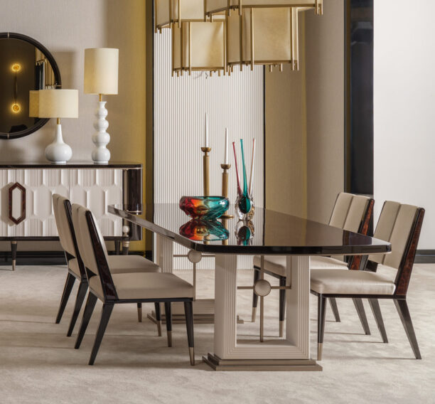 Sensatori Sideboard positioned in a modern dining room setting, paired with contemporary decor elements, showcasing its ability to blend luxury with practicality in a stylish home environment.