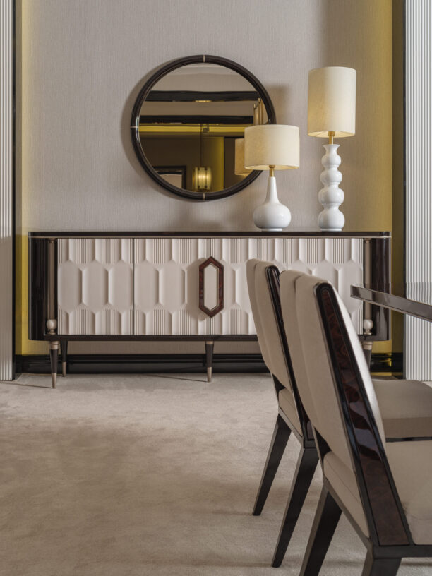 Sensatori Sideboard positioned in a modern dining room setting, paired with contemporary decor elements, showcasing its ability to blend luxury with practicality in a stylish home environment.