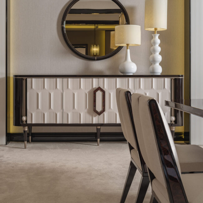 Sensatori Sideboard positioned in a modern dining room setting, paired with contemporary decor elements, showcasing its ability to blend luxury with practicality in a stylish home environment.