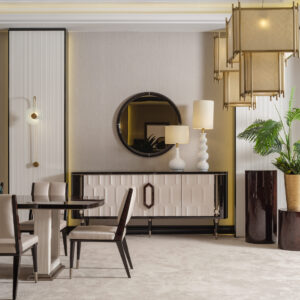 Sensatori Sideboard positioned in a modern dining room setting, paired with contemporary decor elements, showcasing its ability to blend luxury with practicality in a stylish home environment.