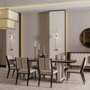 Sensatori Dining Set featuring a high-gloss dining table with a dark wood finish and upholstered chairs in a modern dining room setting.