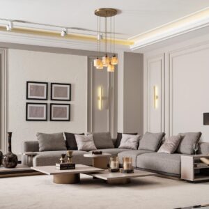 Luxury living room featuring the Aurora Modular Sofa with built-in shelving, upholstered in premium fabric, set in a sophisticated neutral-toned space with elegant decor accents.