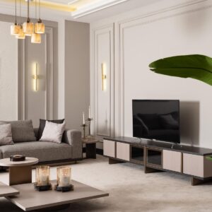 Luxury living room featuring the Aurora Modular Sofa with built-in shelving, upholstered in premium fabric, set in a sophisticated neutral-toned space with elegant decor accents.