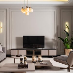 Luxury living room featuring the Aurora Modular Sofa with built-in shelving, upholstered in premium fabric, set in a sophisticated neutral-toned space with elegant decor accents.