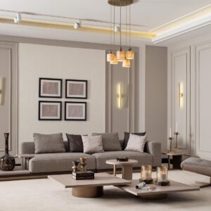 Luxury living room featuring the Aurora Modular Sofa with built-in shelving, upholstered in premium fabric, set in a sophisticated neutral-toned space with elegant decor accents.