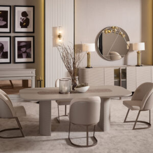 Luxury Liora Dining Set featuring an extendable dining table with textured pillar legs and bespoke chairs in customizable colors, showcasing a modern design with high-quality materials and plush upholstery.