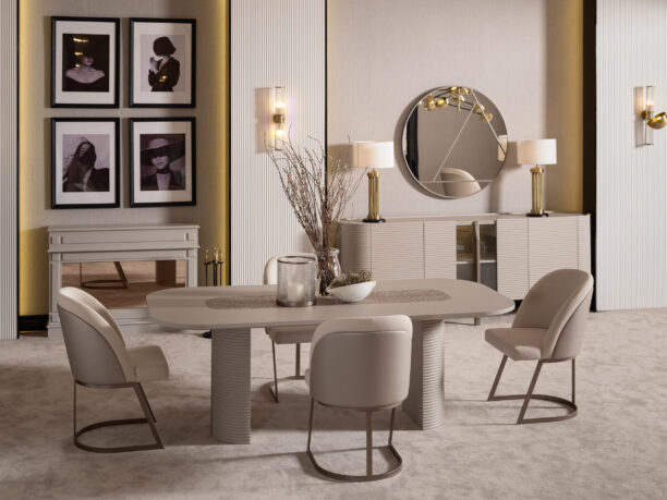 Luxury Liora Dining Set featuring an extendable dining table with textured pillar legs and bespoke chairs in customizable colors, showcasing a modern design with high-quality materials and plush upholstery.