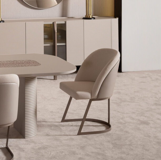 Luxury Liora Dining Set featuring an extendable dining table with textured pillar legs and bespoke chairs in customizable colors, showcasing a modern design with high-quality materials and plush upholstery.