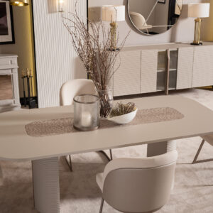 Luxury Liora Dining Set featuring an extendable dining table with textured pillar legs and bespoke chairs in customizable colors, showcasing a modern design with high-quality materials and plush upholstery.