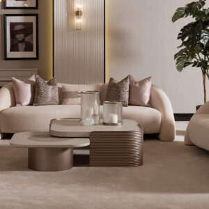 Bespoke Liora Sofa with a curved silhouette, plush upholstery, and a leather-wrapped back, available in various colors to match any home décor, showcasing luxury and modern design.