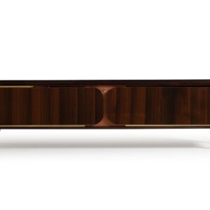 Front view of the Nevada TV Unit, a luxury piece from the Nevada Collection, featuring a dark wood finish with gold accents, sleek lines, and bespoke craftsmanship.