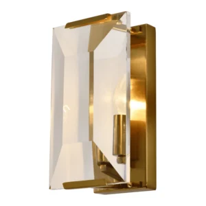 Belgravia crystal and brass wall light with faceted glass prisms reflecting light, luxury lighting for modern and classic interiors.