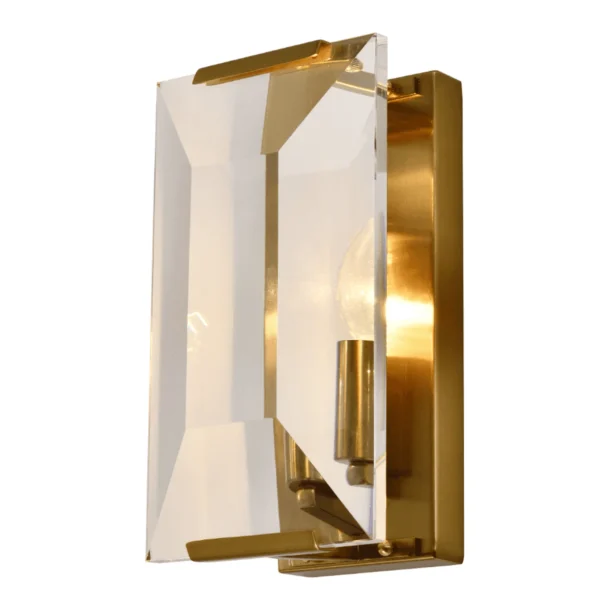 Belgravia crystal and brass wall light with faceted glass prisms reflecting light, luxury lighting for modern and classic interiors.