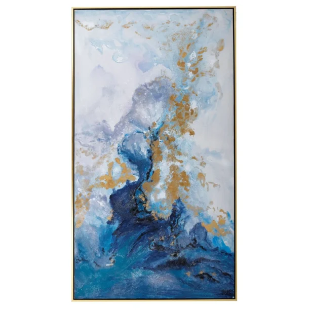 Elevate your interior with the Azure Waves Wall Art by Mindy Brownes, a stunning contemporary piece featuring waves of monochromatic blues enhanced with bold pops of gold.