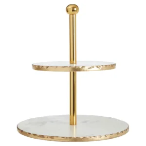 Serve in style with the Golden Edge Marble Cake Stand. Featuring two marble tiers with gold foil accents and a sturdy gold rod, this elegant cake stand is perfect for special occasions.