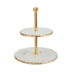 Serve in style with the Golden Edge Marble Cake Stand. Featuring two marble tiers with gold foil accents and a sturdy gold rod, this elegant cake stand is perfect for special occasions.