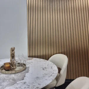 Wood-Effect Gold Slat Wall Panels – Stylish and Durable Metallic Finish for Modern Interiors.