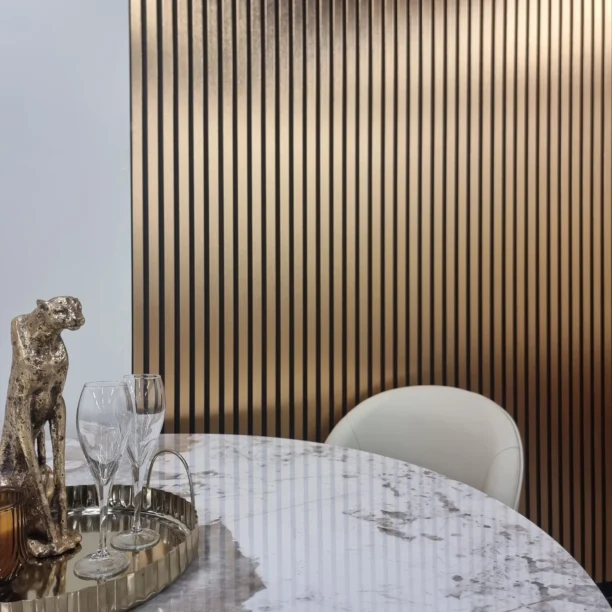 Wood-Effect Gold Slat Wall Panels – Stylish and Durable Metallic Finish for Modern Interiors.