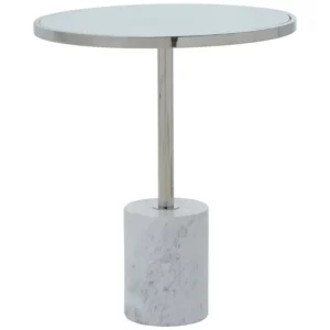 Elevate your space with the Verona White Marble & Chrome End Table. Featuring a round marble top and chrome pedestal base for a modern luxe look.