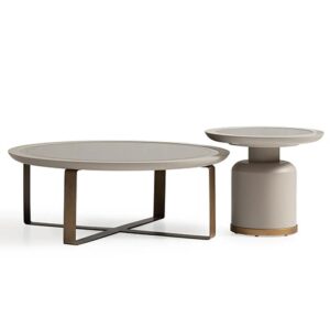 Roma Centre Table with tinted glass top, cream edges, and brushed antique gold legs, paired with matching side table.