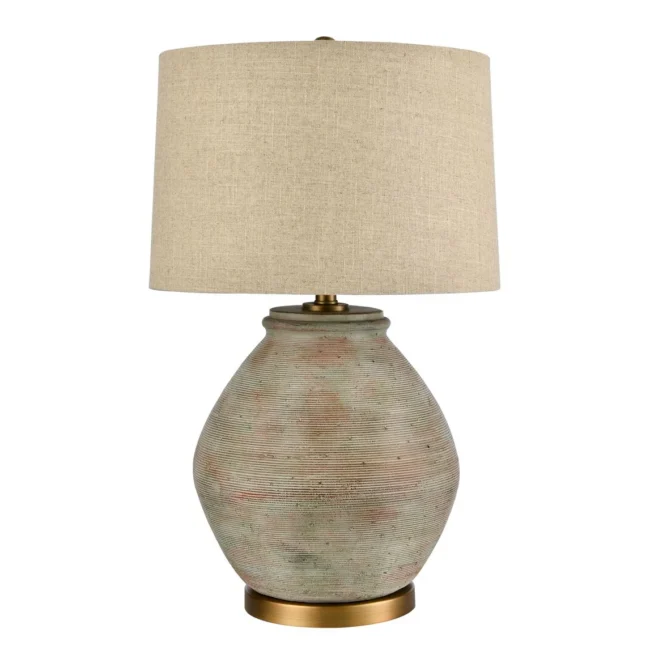 Brighten your home with the Eleni Neutral Tone Table Lamp. Features a simple, elegant shade and a detailed line pattern base for versatile style