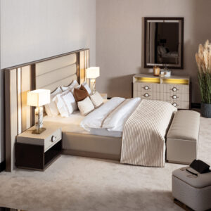 **Alt Text**: Luxurious Sensatori bed featuring a combination of rich wood, marble stone accents, brushed gold finishes, and soft cream fabric upholstery. Ideal for modern and elegant bedroom décor.