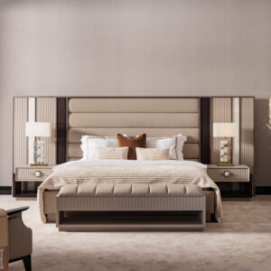 **Alt Text**: Luxurious Sensatori bed featuring a combination of rich wood, marble stone accents, brushed gold finishes, and soft cream fabric upholstery. Ideal for modern and elegant bedroom décor.